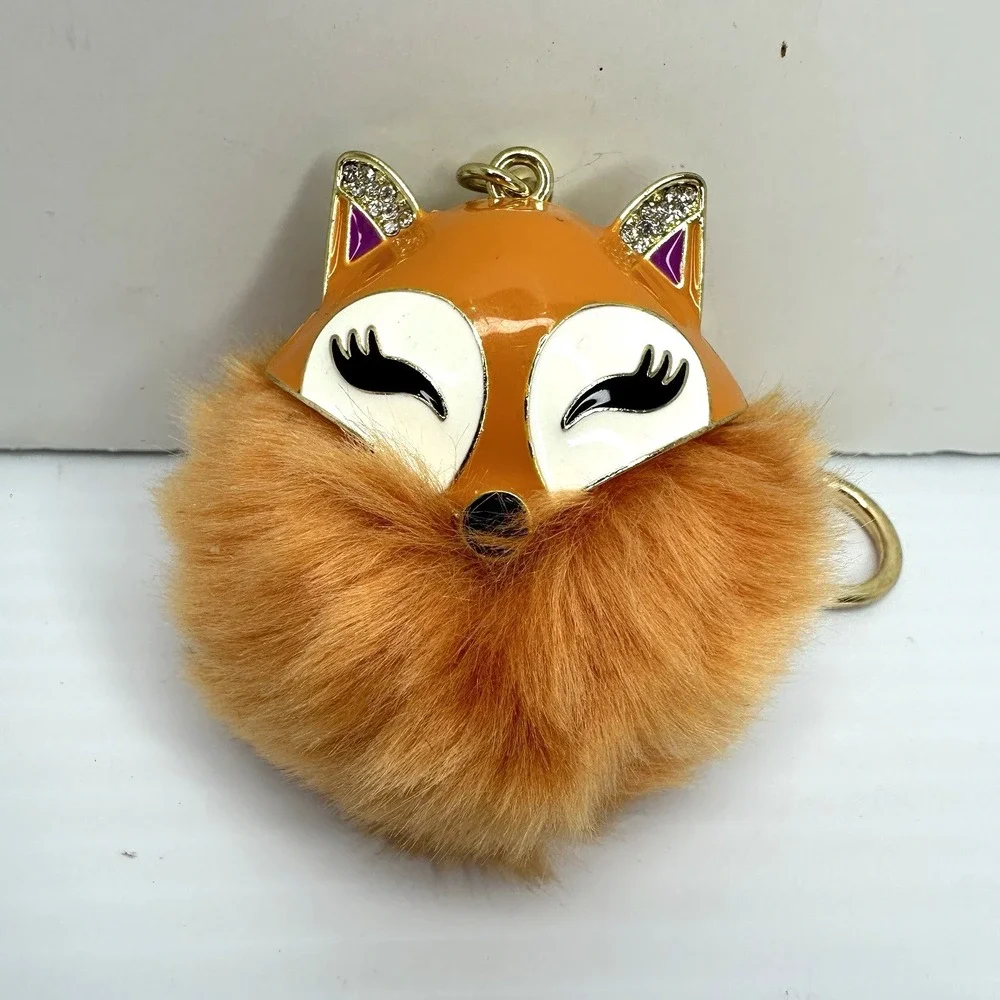 Fox Keychain Pom Pom Faux Fur Orange Rhinestones Gold‎ Tone Bag Charm Cute